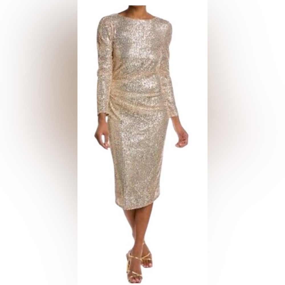 NANETTE NANETTE LEPORE Rose Gold Long Sleeve Sequins ruched knee length …